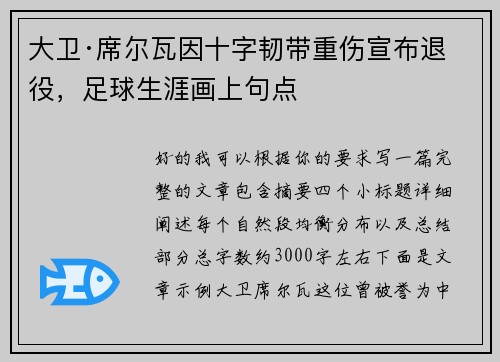 大卫·席尔瓦因十字韧带重伤宣布退役，足球生涯画上句点